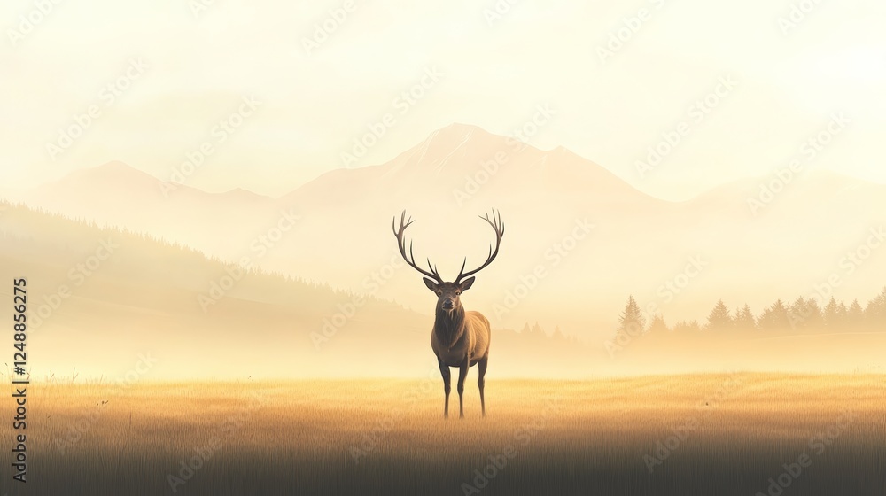Fototapeta premium Majestic deer with large antlers standing in a misty valley at sunrise, with mountains and forest in the background, creating a serene and awe inspiring natural landscape