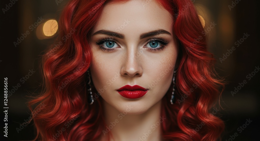 Striking Portrait of a Woman with Vibrant Red Hair and Elegant Makeup in a Glamorous Setting, Ideal for Beauty and Fashion Features. Striking Portrait of a Woman with Vibrant Red Hair and Elegant Makeup in a Glamorous Setting, Ideal for Beauty and Fashion Features.