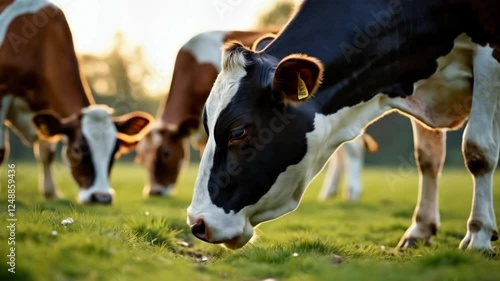 cow chewing grass on a green meadow under a blue sky, peaceful rural landscape, concept of agriculture, dairy farming, eco-friendly livestock