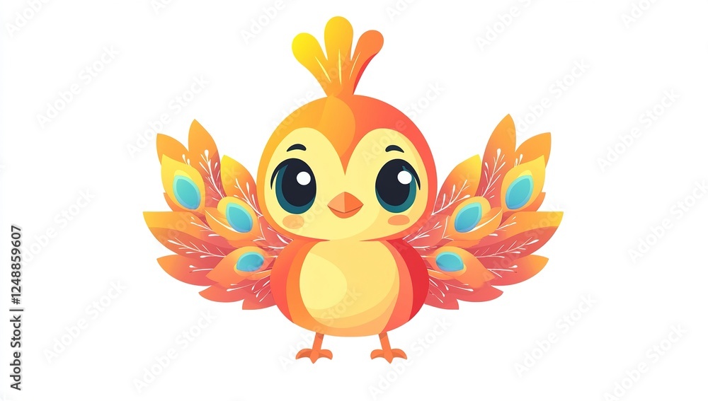 Fototapeta premium Adorable Orange Bird with Peacock Feathers: A Delightful Cartoon Illustration