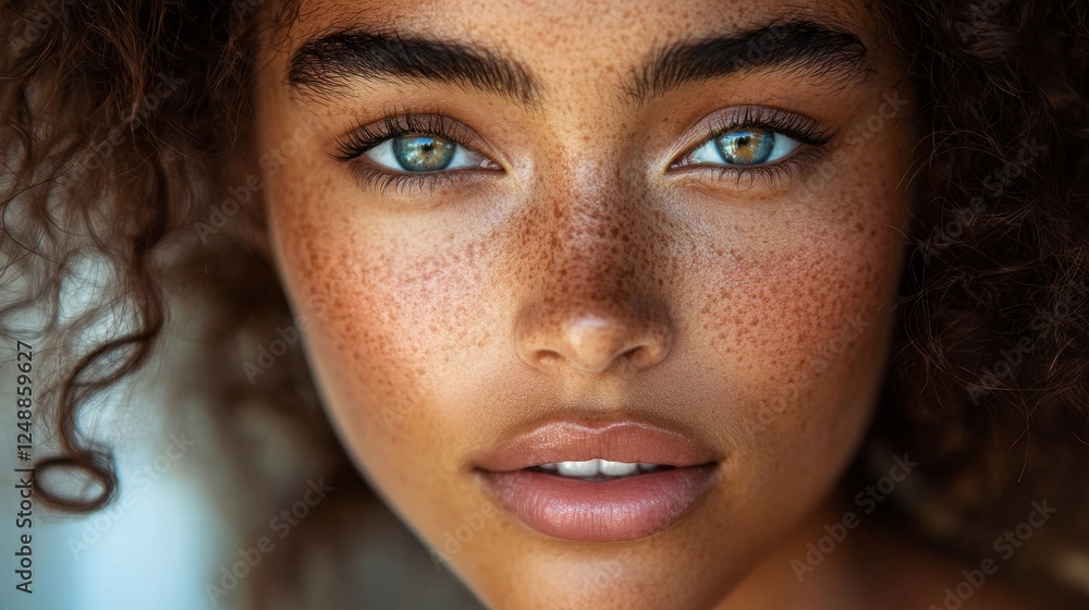 Close up portrait shows a beautiful woman with freckled skin Close up portrait shows a beautiful woman with freckled skin