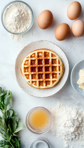 Golden waffle with syrup, surrounded by baking ingredients like flour, eggs, and butter. Ready for a delicious breakfast or brunch! photo