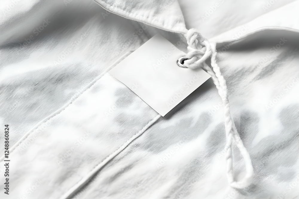 Close-up of a Crisp White Shirt with a Blank Tag, Minimalist Aesthetic Showcasing Fabric Details and Neutral Color Palette, Ready for Customization Close-up of a Crisp White Shirt with a Blank Tag, Minimalist Aesthetic Showcasing Fabric Details and Neutral Color Palette, Ready for Customization
