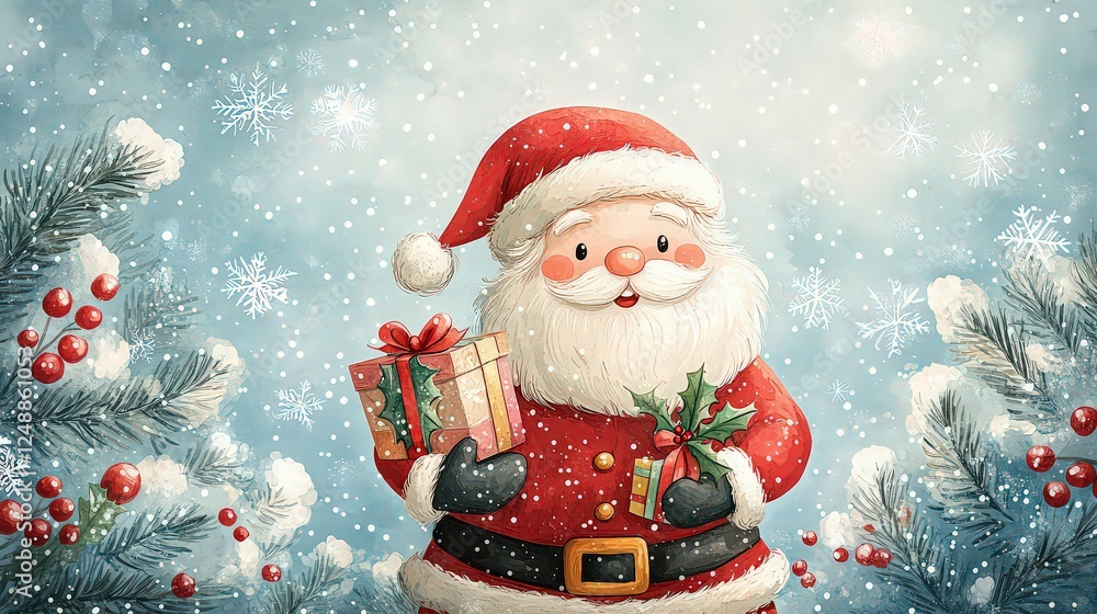 Santa with Gift Box: An adorable design featuring Santa with a perfectly wrapped gift, embodying the holiday spirit in a sweet, adorable style for winter holiday card designs.