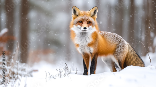 Wallpaper Mural A curious red fox is observing its surroundings in a snowy woodland. Flakes of snow gently fall around it, enhancing the tranquil winter atmosphere Torontodigital.ca