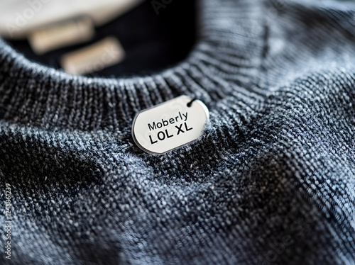 Close-up of a Textured Knit Sweater with Brand Tag Displaying 'Moberly LOL XL', Showcasing Fashionable Wardrobe with Soft and Comfortable Fabric Detail photo