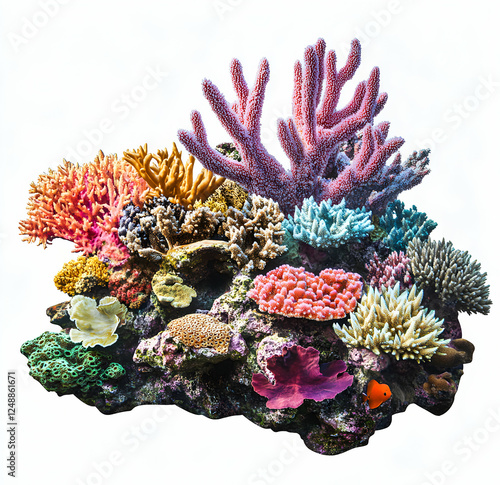 Vibrant coral reef composition showcasing diverse forms and colors, creating a captivating underwater microcosm against a crisp white backdrop photo