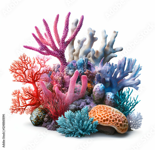 Vibrant underwater world showcasing a diverse collection of colorful coral reefs and marine life against a pristine white background photo