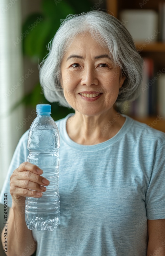 Cheerful senior Asian woman holding empty water bottle at home smiling happily Cheerful senior Asian woman holding empty water bottle at home smiling happily