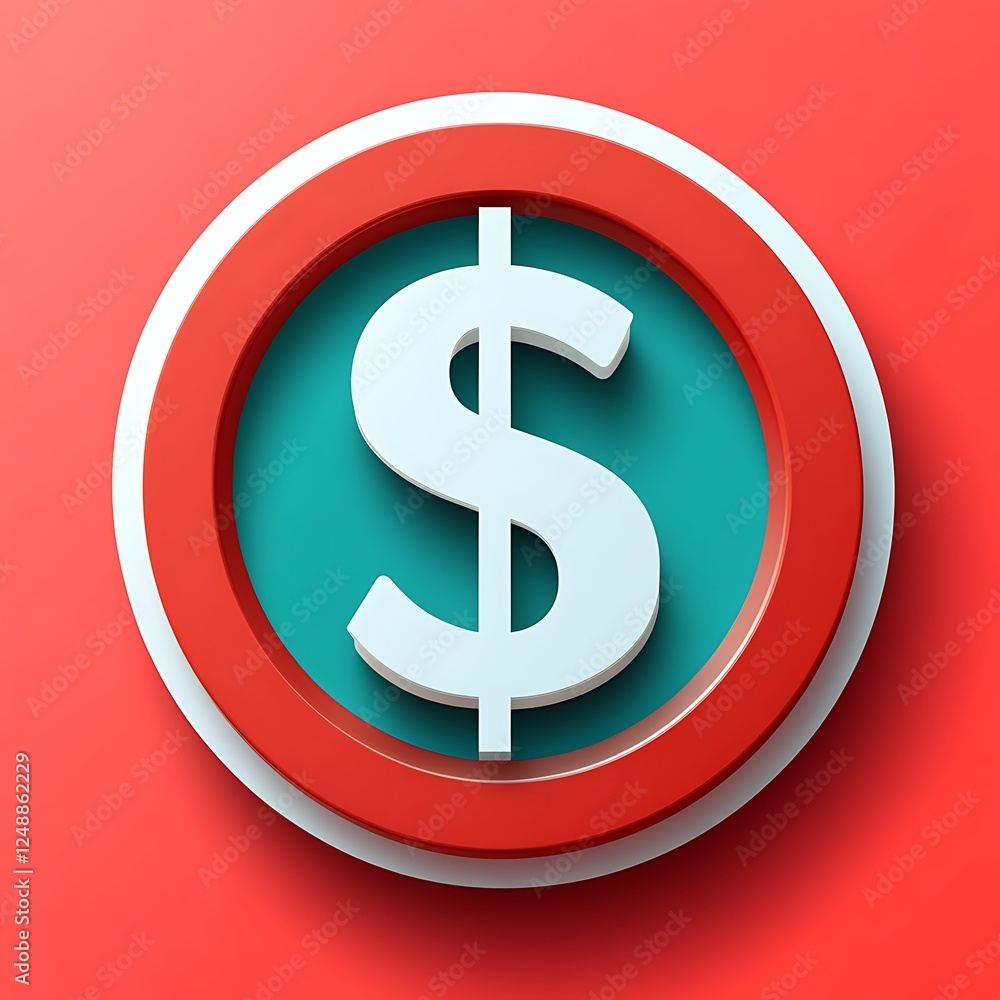 3D Rendered White Dollar Sign Icon in Red and Cyan Circle on Red Background 3D Rendered White Dollar Sign Icon in Red and Cyan Circle on Red Background