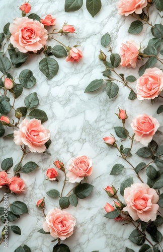 White Marble Background with Pink Roses and Green Leaves Intricate Pattern