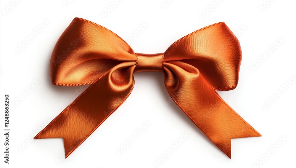 Naklejka premium Orange satin ribbon bow, tied, white background, gift wrapping