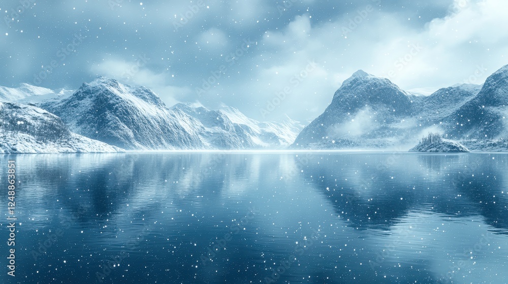 Naklejka premium Snowy fjord landscape, winter scene, calm water, mountains reflecting
