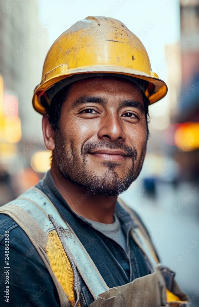 Smiling Hispanic Construction Worker in Hard Hat on City Street Smiling Hispanic Construction Worker in Hard Hat on City Street