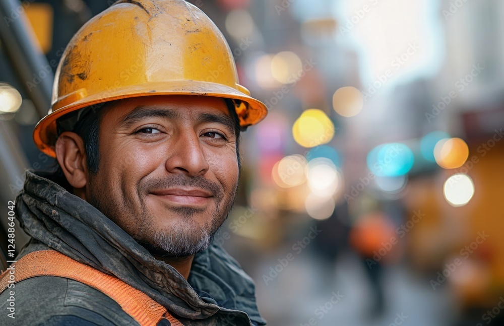 Smiling Hispanic Construction Worker in Hard Hat on City Street Smiling Hispanic Construction Worker in Hard Hat on City Street