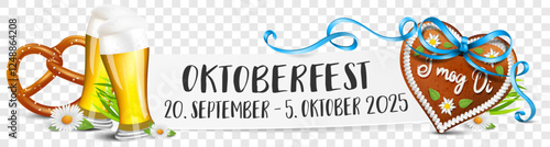 Oktoberfest Munich 2025 date with gingerbread heart, pretzel and beer. German language