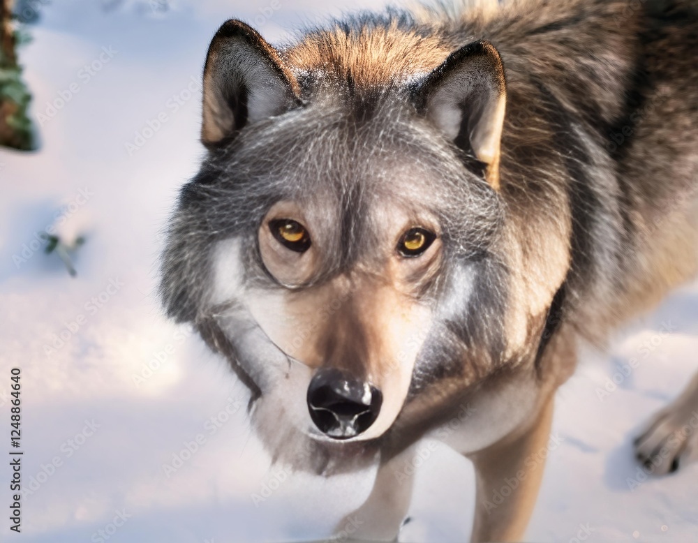 Obraz premium Wolf looking at camera in snowy forest setting