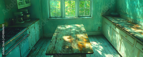 Sunlit rustic kitchen with vintage appliances and aged wooden table.  Perfect for blogs, magazines, or foodrelated projects conveying nostalgia, charm, or a sense of home. photo