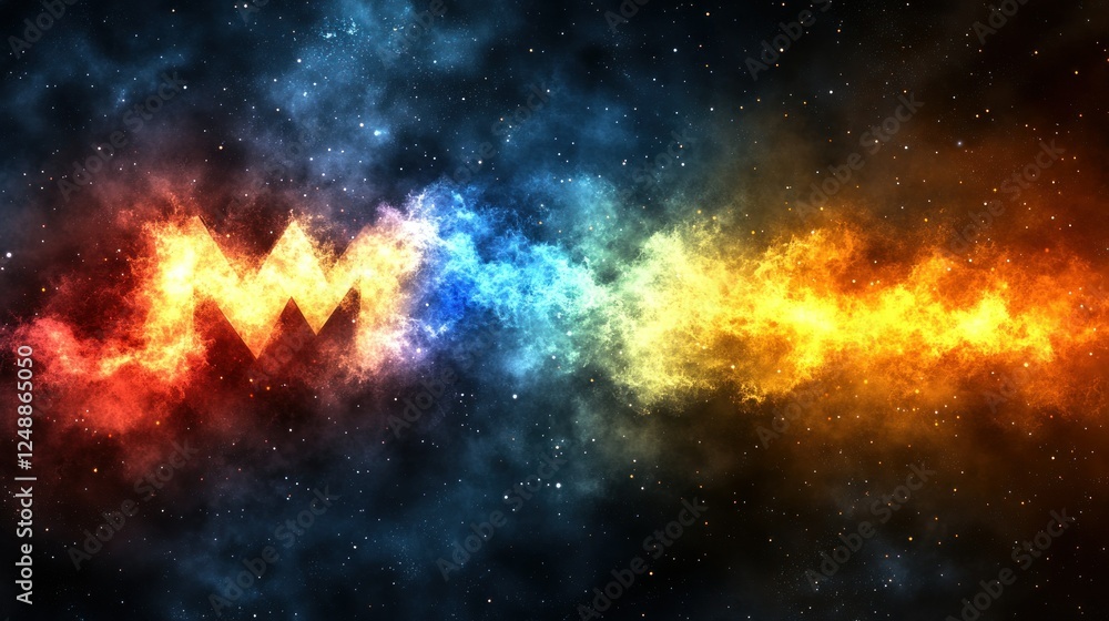Naklejka premium Cosmic Crown: A fiery and icy nebula collision in space, depicting a crown symbol amidst swirling galaxies and stars.