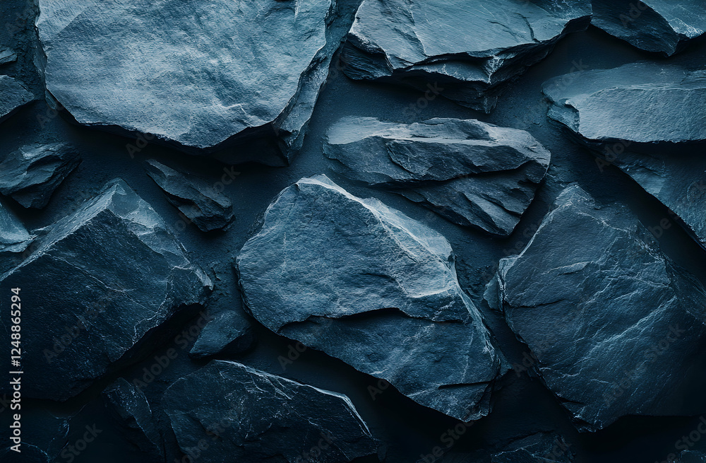 Fototapeta premium Monochromatic slate fragments composing an artistic stone wall surface texture evoking depth and a modern, natural aesthetic