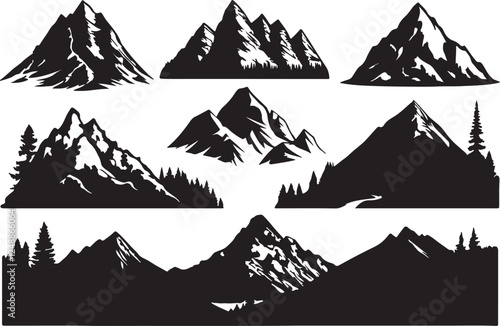 A set of mountain silhouette using flat solid black color design, vector illustration design on a white background.
