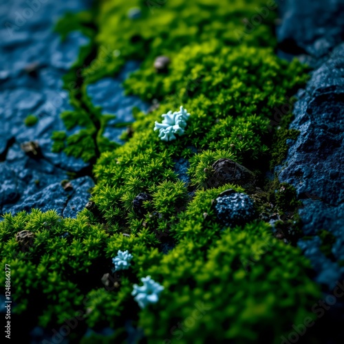 Lush green moss and lichen growing on a textured slate surface creating a vibrant contrast of colors 4k wallpaper background abstract wallpaper modern design photo