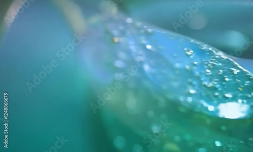A close-up shot of green leaves with water droplets on them. The camera focuses on the droplets, capturing their shimmering reflections and the textures of the leaves. The background fades t