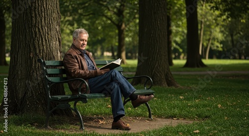Mature Man Enjoying a Book on a Park Bench Amidst Serene Greenery - Perfect for Relaxation and Leisure Concepts