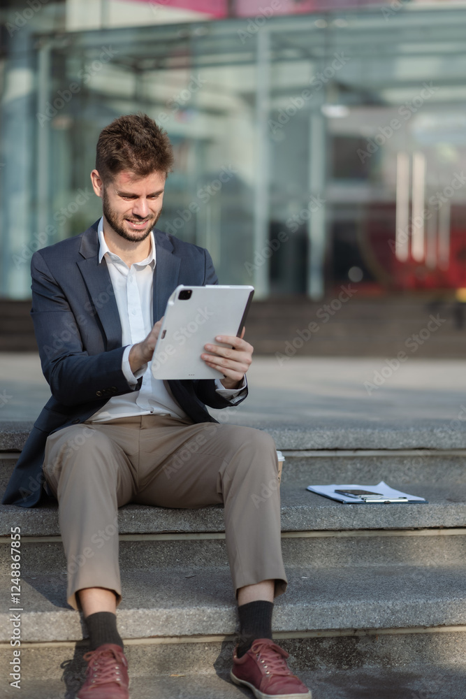 Young Businessman Analyzing Business Data on Digital Tablet. Young Businessman Analyzing Business Data on Digital Tablet.
