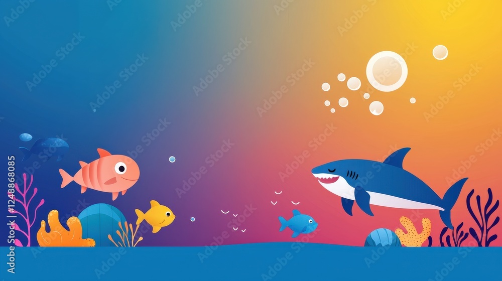 Cartoon shark playing underwater with a group of dolphins Cartoon shark playing underwater with a group of dolphins