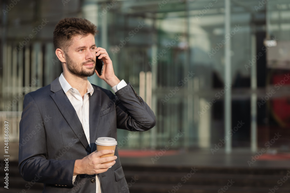 Young Businessman Walking and Talking on Mobile Phone in City. Young Businessman Walking and Talking on Mobile Phone in City.