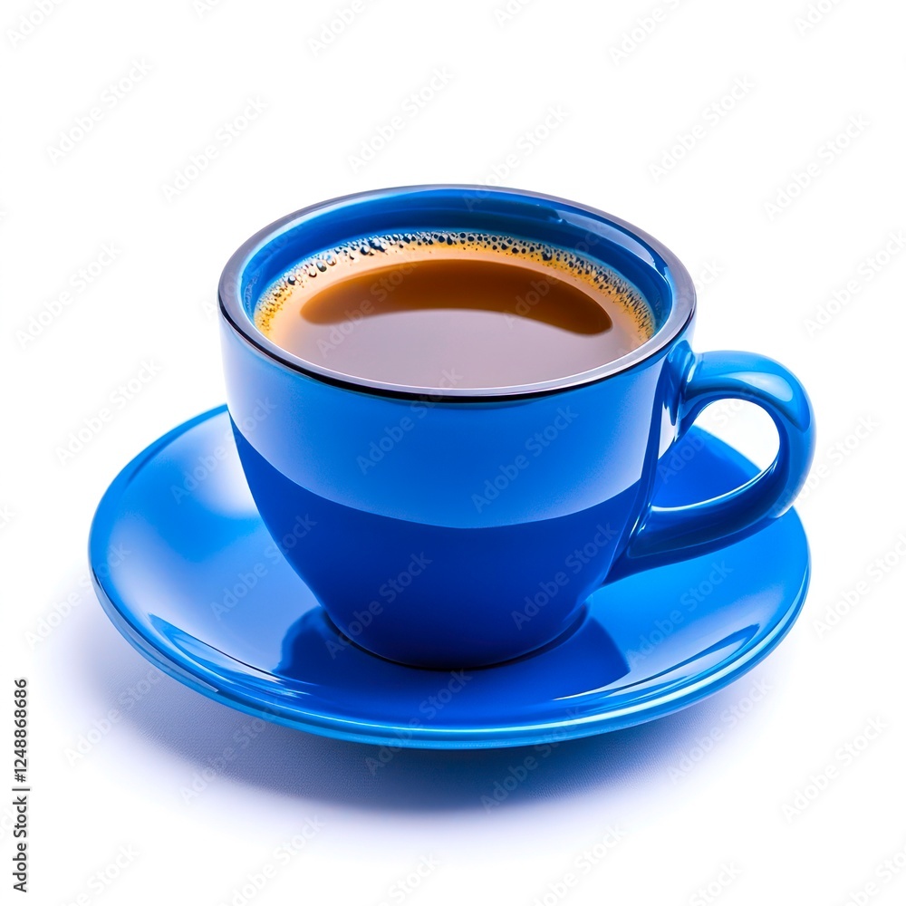Obraz premium Blue cup of espresso on blue saucer isolated on white background.