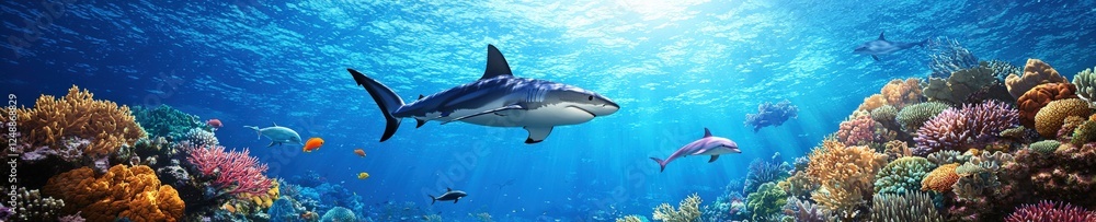 Fototapeta premium Cartoon shark swimming in a circle with playful dolphins and colorful reefs