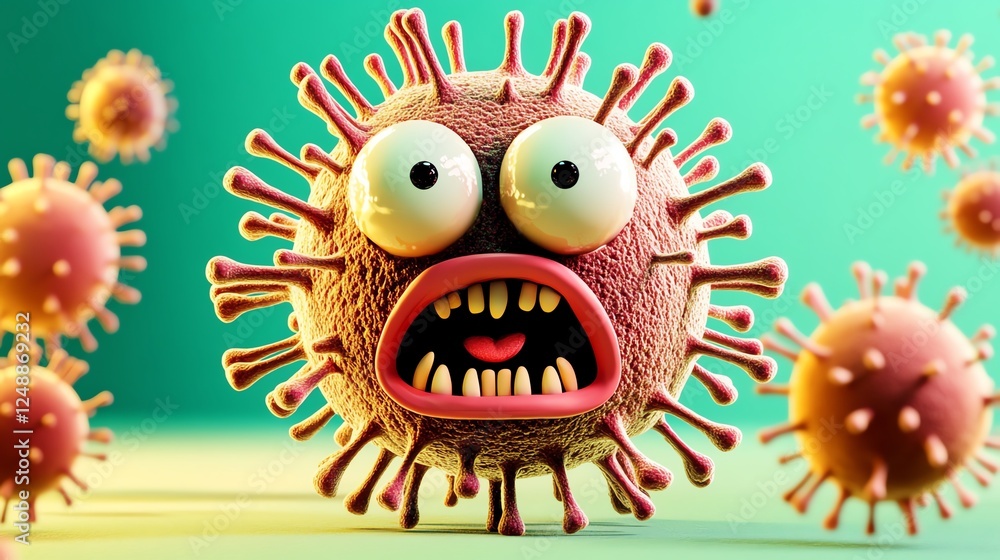 A cartoonish virus character with large eyes and a mouth, surrounded by smaller virus particles, set against a colorful background. A cartoonish virus character with large eyes and a mouth, surrounded by smaller virus particles, set against a colorful background.