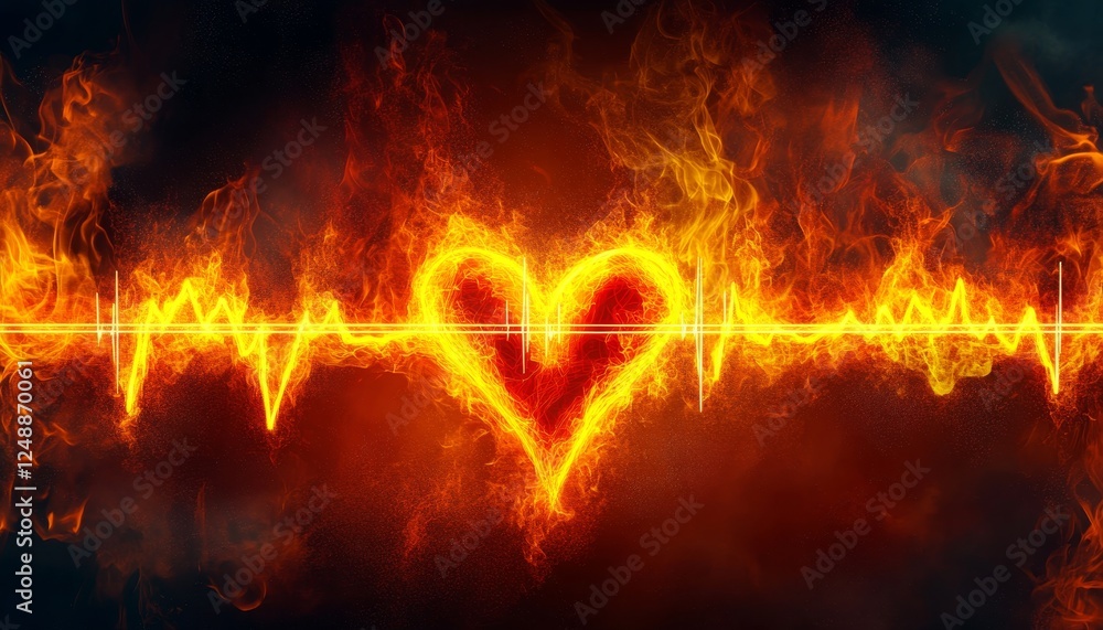 Fiery Passionate Heartbeat Abstract Design Depicting a Flaming EKG Line and Vibrant Heart Symbol Fiery Passionate Heartbeat Abstract Design Depicting a Flaming EKG Line and Vibrant Heart Symbol