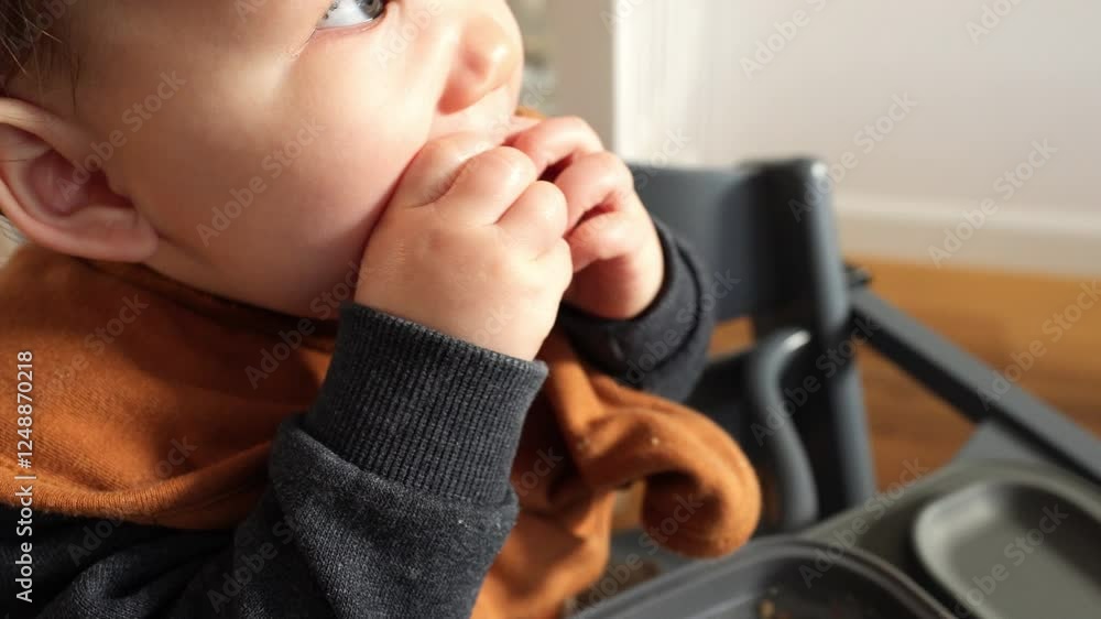 Cute Multiracial Infant baby boy eating bread in a high chair. Cute Multiracial Infant baby boy eating bread in a high chair.