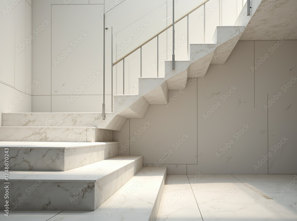 Obraz premium Modern Tiled Staircase with Stainless Steel Handrail - AI Photorealistic