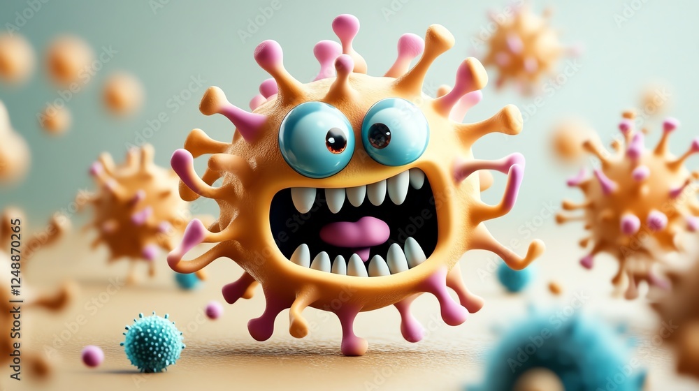 A colorful, cartoonish representation of a virus with exaggerated facial features, surrounded by smaller virus particles, conveying a playful yet scientific theme. A colorful, cartoonish representation of a virus with exaggerated facial features, surrounded by smaller virus particles, conveying a playful yet scientific theme.