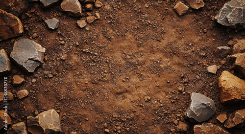 Rocky terrain with a mix of dirt and gravel showcases a natural earthy landscape under bright daylight conditions