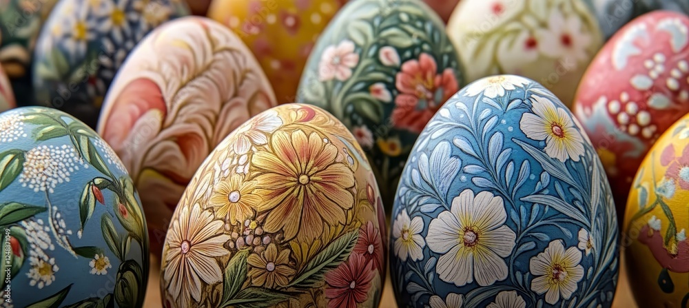 Close Up of Easter Eggs Decorated with Stunning, Detailed, and Delicate Floral Patterns. Close Up of Easter Eggs Decorated with Stunning, Detailed, and Delicate Floral Patterns.