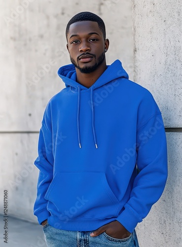 African American man wearing current style jeans paired with a royal blue hoodie