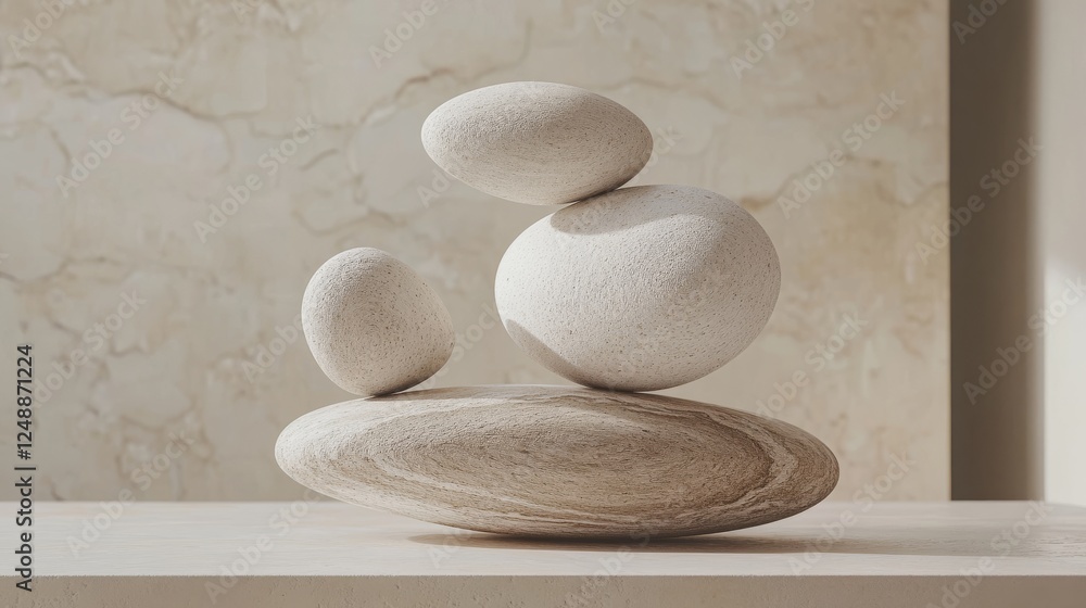 Stacked stones balanced on a neutral surface in soft lighting Stacked stones balanced on a neutral surface in soft lighting