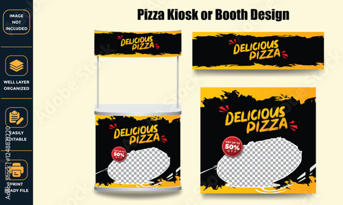 Editable pizza kiosk booth design template with a bold black and yellow theme, featuring a delicious pizza image and promotional discount. 
