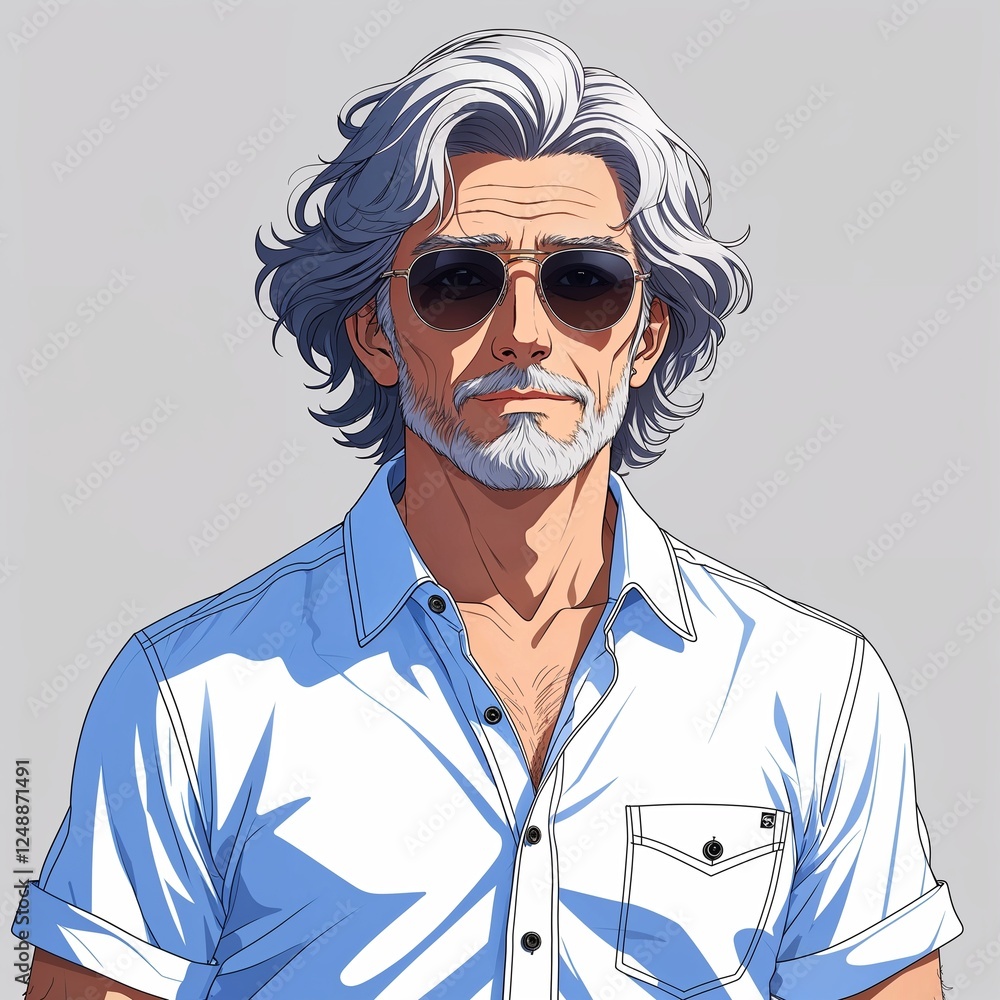 A middle aged man confident with wavy hair wearing a summer button up shirt and sunglasses in a anime hand drawing flat line design A middle aged man confident with wavy hair wearing a summer button up shirt and sunglasses in a anime hand drawing flat line design