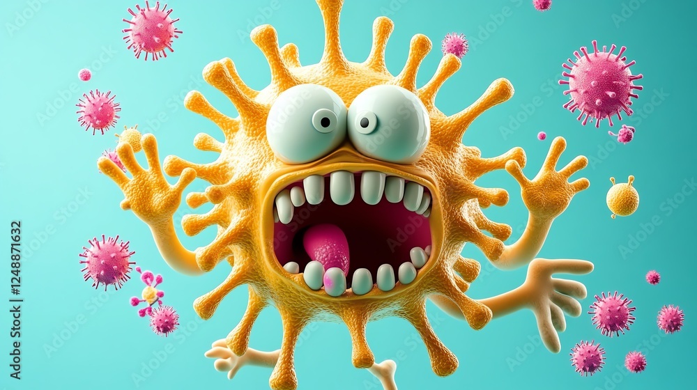 A cartoonish virus character with exaggerated features and a playful expression, surrounded by smaller microorganisms on a vibrant blue background. A cartoonish virus character with exaggerated features and a playful expression, surrounded by smaller microorganisms on a vibrant blue background.