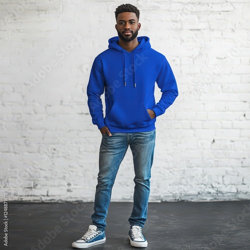 African American man wearing current style jeans paired with a royal blue hoodie