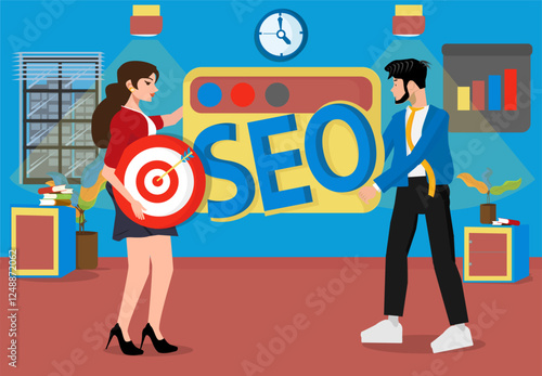 SEO, or Search Engine Optimization, for website entrepreneurs to analyze and monitor using a web report dashboard concept. two professional people holding web and target board vector illustration