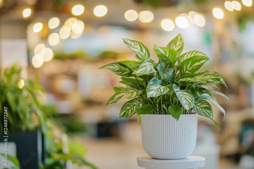 A vertical shot of a leafy plant in a white pot on a tall stand, with blurred decor and lighting in a lifestyle store background. A vertical shot of a leafy plant in a white pot on a tall stand, with blurred decor and lighting in a lifestyle store background.