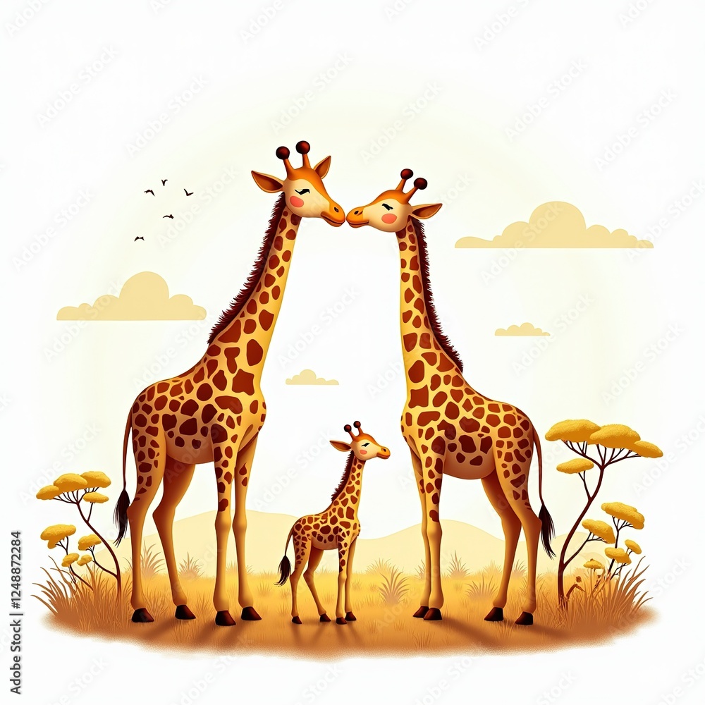 Fototapeta premium Giraffe Family - Affectionate Portrait, Lush Landscape