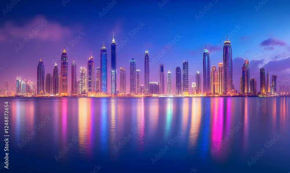 Fototapeta premium Radiant urban skyline mirrored in serene waters, capturing the essence of vibrant city life and modern architecture at twilight